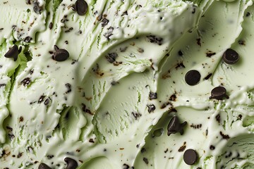 Close-up of mint chocolate chip ice cream with chocolate chips and creamy texture