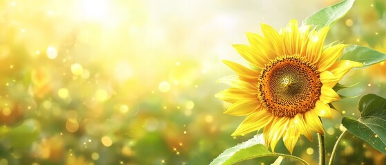 Obraz premium A stunning sunflower in full bloom, radiating vibrancy under warm sunlight, with a softly blurred background of a lush green field, creating a serene and joyful atmosphere.