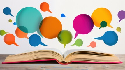 A symbolic image of inclusive communication, showing a variety of speech bubbles in different colors emerging from an open book, Representing diverse ideas and voices coming together through knowledge