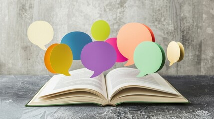 A symbolic image of inclusive communication, showing a variety of speech bubbles in different colors emerging from an open book, Representing diverse ideas and voices coming together through knowledge