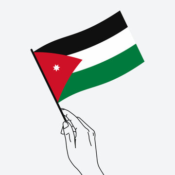 recommend clip art: Hand holding Jordan flag in line art drawing style. Jordan hand Flag waving. Vector illustration