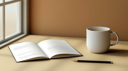 Open Book, Mug of Coffee, and Pencil on a Table