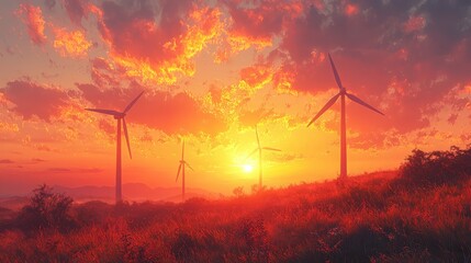 Obraz premium Wind turbines generate clean energy on hillside at sunset amidst vibrant skies