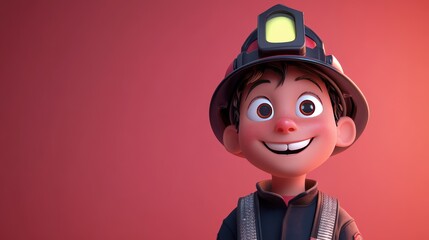 A cheerful animated character wearing a firefighter helmet, smiling against a colorful background.