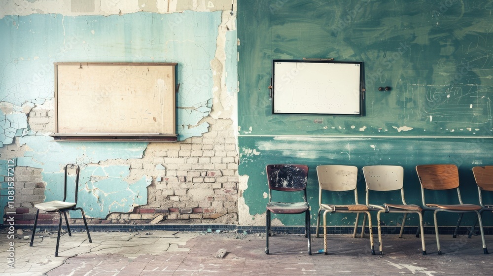 Poster a symbolic representation of educational disparity, showing an empty, dilapidated classroom juxtapos