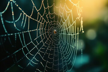 Naklejka premium Dew-covered spider web with a small spider in the center.