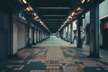 Empty arcade in Japan, with a tiled floor, closed stores, and dim overhead lighting.