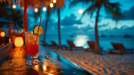 Close-up of a cocktail bar serving tropical drinks to partygoers on a moonlit beach