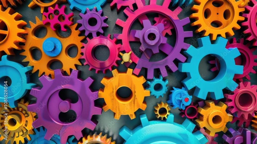 Poster a symphony of interconnected gears in vibrant colors, symbolizing the integration and collaboration 