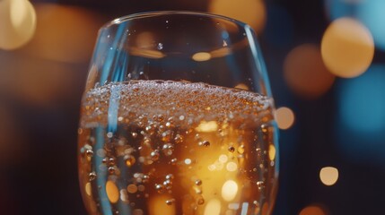 A close-up of a glass of champagne with festive bokeh lights in the background.