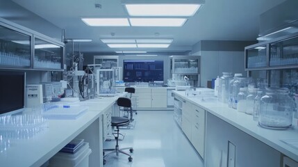 A modern laboratory with equipment and glassware for scientific research.
