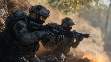 Soldiers in tactical gear engage in a combat scenario, showcasing intense military action amidst smoke and rugged terrain.