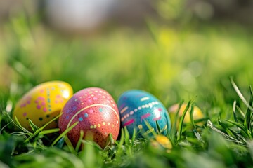 Four colorful Easter eggs in green grass, with a blurred green background.