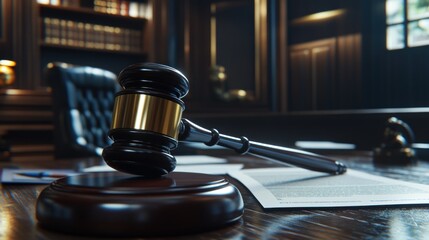 A gavel resting on a wooden desk surrounded by legal documents in a law office setting.