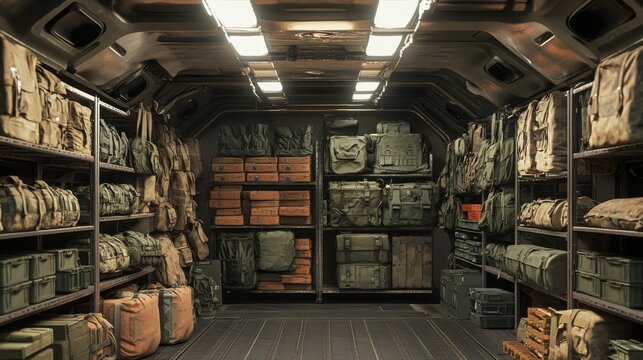 A military storage room filled with various tactical gear, bags, and supplies neatly organized on shelves.