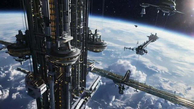 Gigantic Space Elevator Station - A far-off view of a towering space elevator stretching from Earth&rsquo;s surface to space, with cargo platforms and passenger modules moving up and down, connecting Earth 
