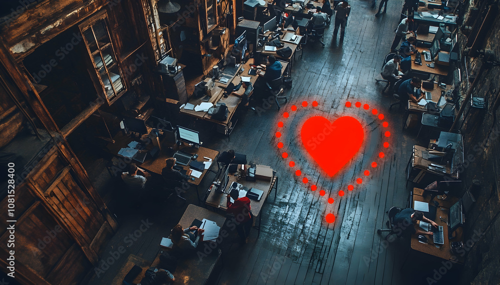 Poster Aerial view of a large office space with people working at their desks. A red heart shape made of light is visible on the floor.