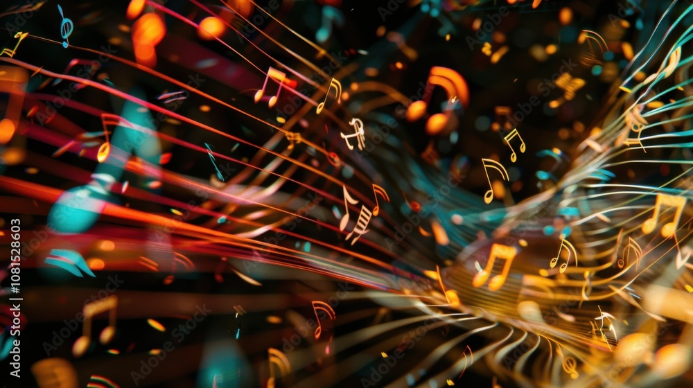 Poster a symphony of music notes in different sizes and colors, reflecting the harmony and creativity of di