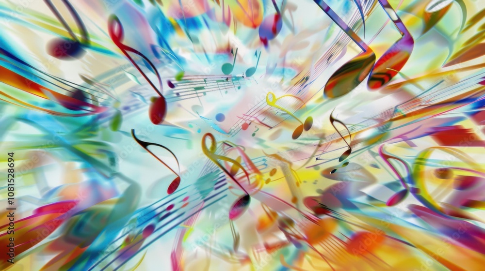 Poster a symphony of music notes in different sizes and colors, reflecting the harmony and creativity of di