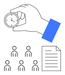 Hand holding clock five people icons, and document. Ideal for productivity, business, teamwork, deadlines, organization, scheduling, efficiency Line metaphor