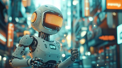 Fototapeta premium A white humanoid robot with a large head stands in a futuristic neon cityscape with its right hand raised in a thumbs up gesture.