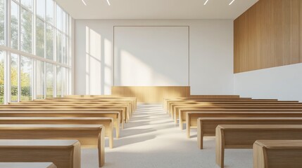 A modern, minimalistic interior of a seminar room with wooden benches and large windows.
