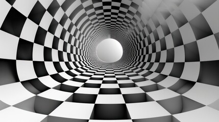 A black and white checkered pattern creates a hypnotic tunnel effect with a bright light at the end.