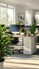 Modern office interior with desks, computers, plants, and natural light.