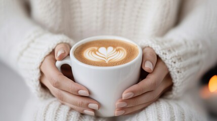 Take a break and coffee time concept. Cozy Coffee Cup with Artful Latte in Hands