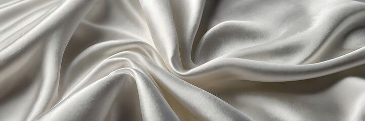 Close-up of white satin fabric with flowing folds and lustrous sheen.