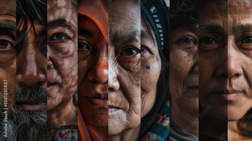 Poster a tableau of faces from diverse backgrounds with expressions of hope and resilience, reflecting the 
