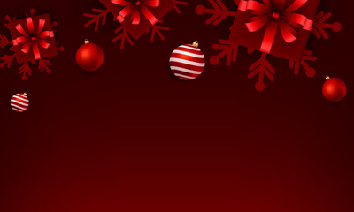 Fototapeta premium Christmas and winter holiday banner. Christmas ornaments and gift on red background. Vector illustration