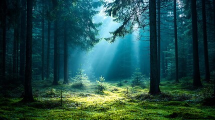 Obraz premium Mystical Forest Path With Sunlight Rays and Green Moss