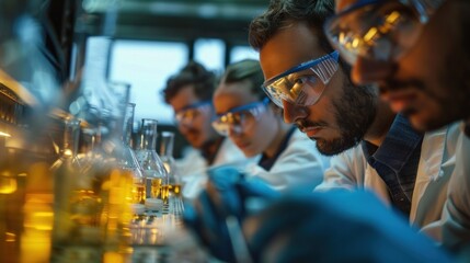 A team of scientists working in a laboratory, conducting experiments with chemicals.