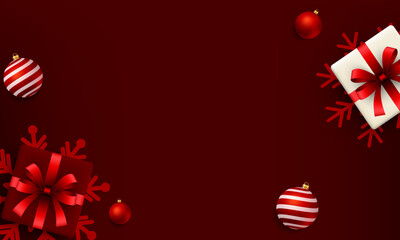 Christmas and winter holiday banner. Christmas ornaments and gift on red background. Vector illustration