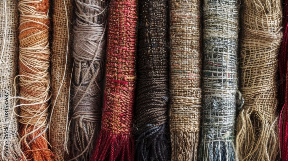 Poster a tapestry of interconnected threads in various textures and colors, symbolizing the interwoven fabr