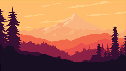 Beautiful Mountain Nature Landscape with Pine Fir Tree in the Forest at Sunset Sunrise © jongjawi