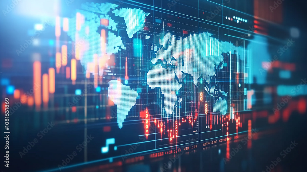 Poster a world map with colorful digital data and graphs overlayed on a dark blue background, representing 