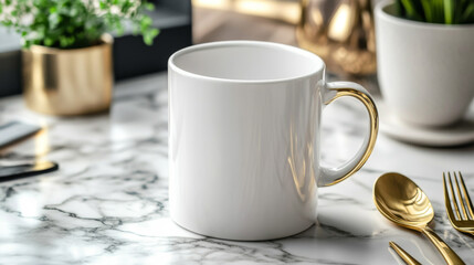Fototapeta premium A white mug with a gold rim sits on a marble table, ready for a warm beverage. The gold accents add a touch of elegance to the simple design.