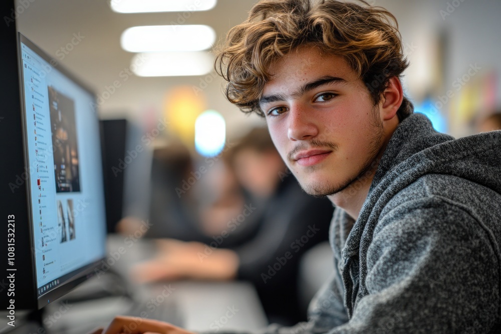 Poster a young man sits at a computer in a classroom, looking at the camera with a serious expression. he i