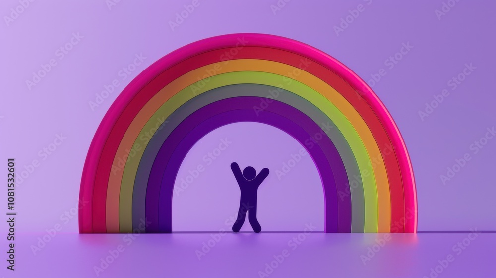 Poster A tiny silhouette reaching towards a rainbow arc on a solid purple background symbolizing aspiration and diversity, Emphasizing the goals and dreams enabled by diverse environments, minimalistic style