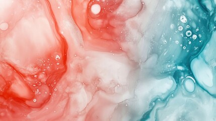 Fototapeta premium Abstract fluid art blending red and blue hues with soft textures and bubbles.
