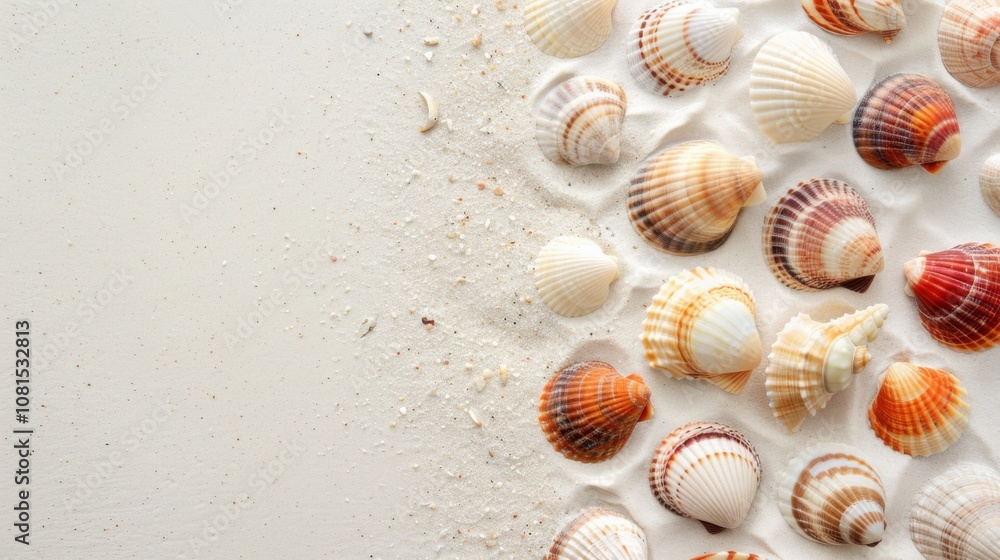 Poster A tranquil scene of various colored seashells scattered on a white sandy beach, Symbolizing the diverse yet harmonious contributions of different elements coming together in a serene environment