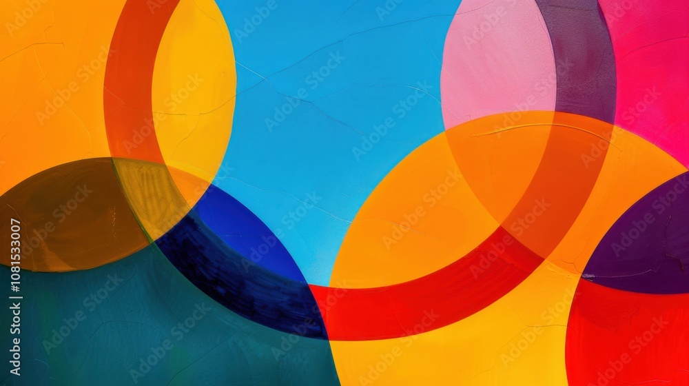 Poster a vibrant abstract composition with intersecting circles of different colors, symbolizing inclusivit