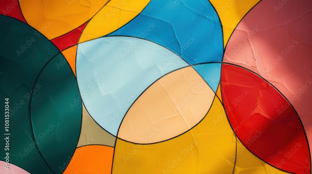 Poster a vibrant abstract composition with intersecting circles of different colors, symbolizing inclusivit