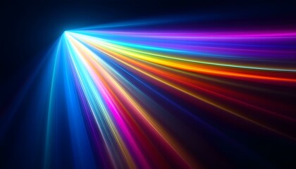 Abstract dark background of light with stripes of colorful rays moving from the center.  Acceleration speed motion on night road. Light and stripes move fast over a dark background. 