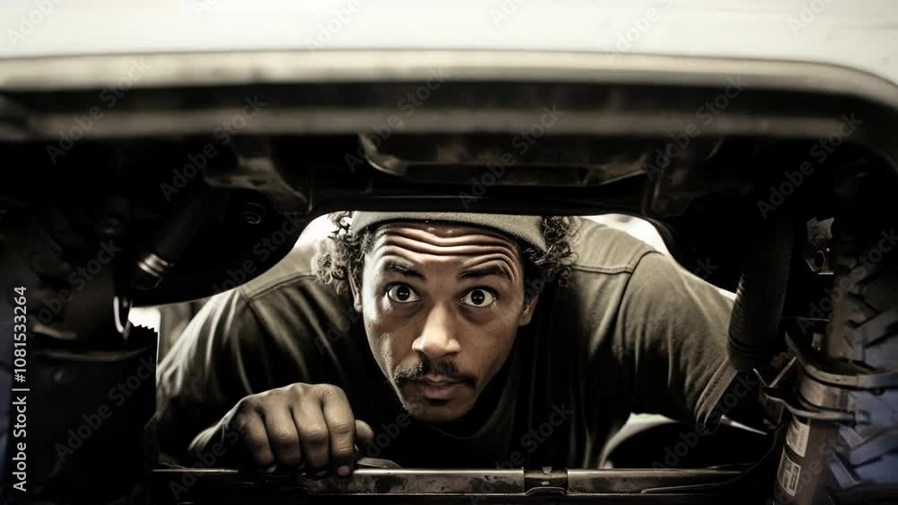 Poster skilled mechanic inspecting car engine in busy garage, fixing issues with dirty hands, focused on fi