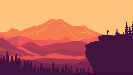 Hiker Silhouette on the Top of Cliff with Mountain Landscape and Pine Tree in the Forest at Sunset