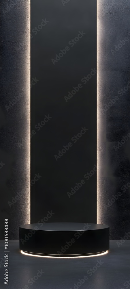 Poster 15. a modern podium with a black matte surface, illuminated softly, creating a clean space for a pro