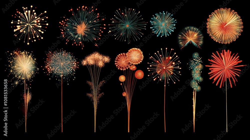 Poster a vibrant collection of colorful fireworks bursting in various patterns against a dark background, s
